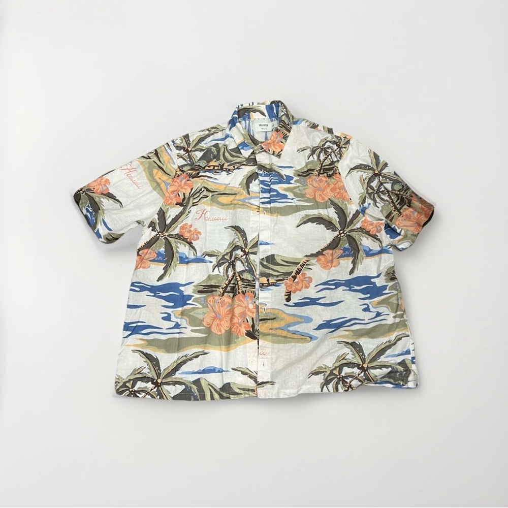 Hollister Blue and White Boxy Fit Shirt XL Beach Vacation Hawiian Summer Linen